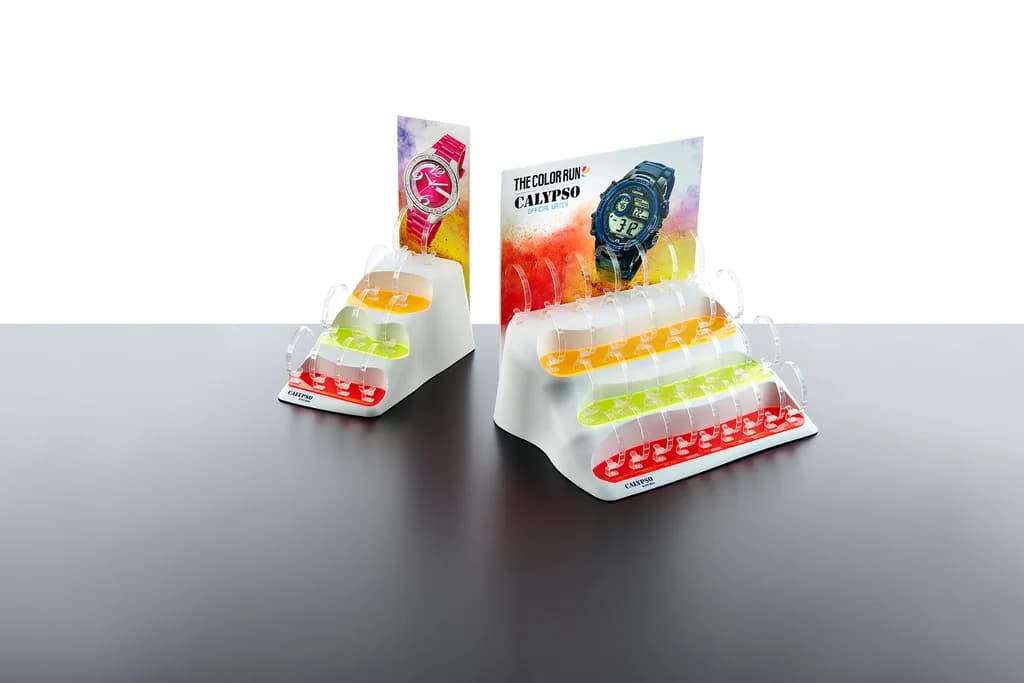 Calypso: Two-unit tiered watch display produced by Casadevall Group.